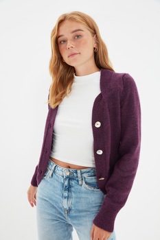 Trendyol, Cardigan tricotat fin cu margini striate, Violet Trendyol, Cardigan tricotat fin cu margini striate, Violet