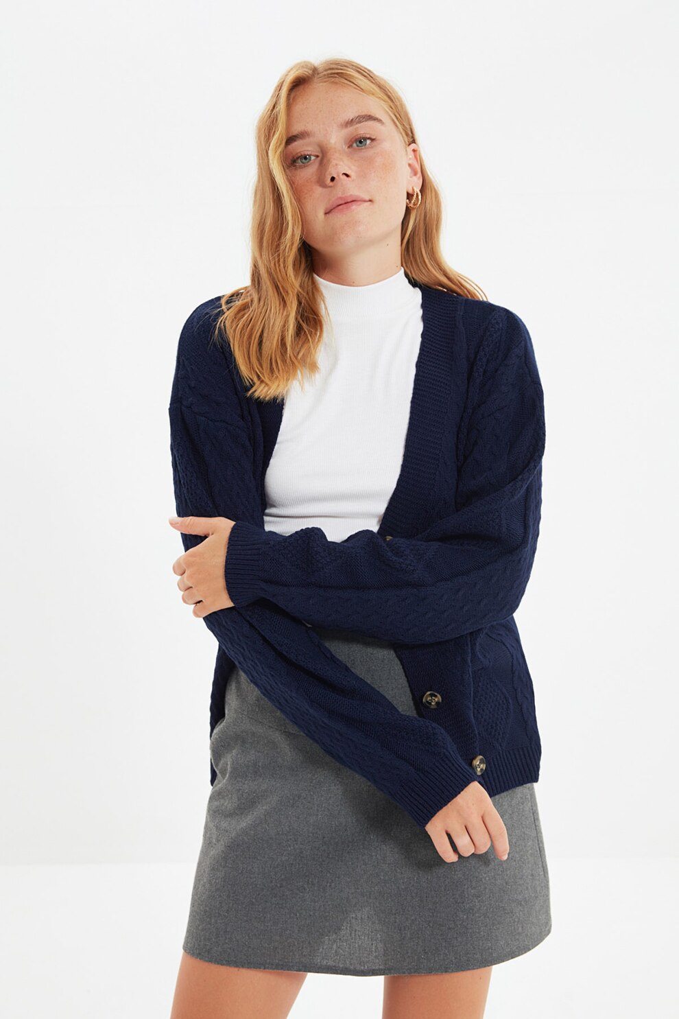 Trendyol, Cardigan cu design cu torsade, Bleumarin