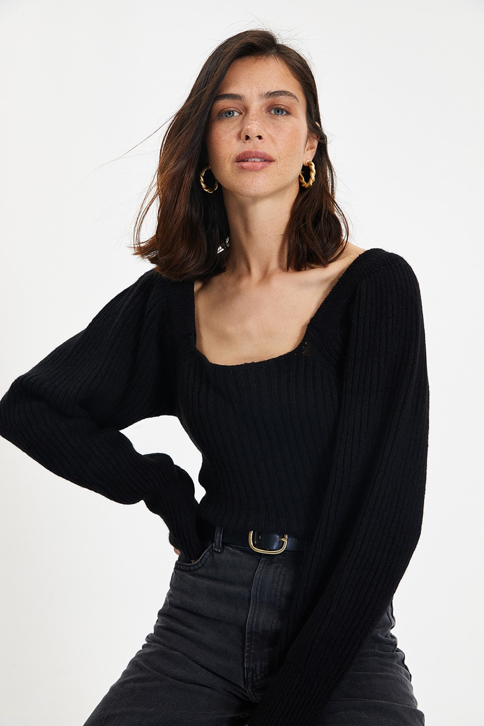 Trendyol, Pulover crop cu decolteu patrat, Negru