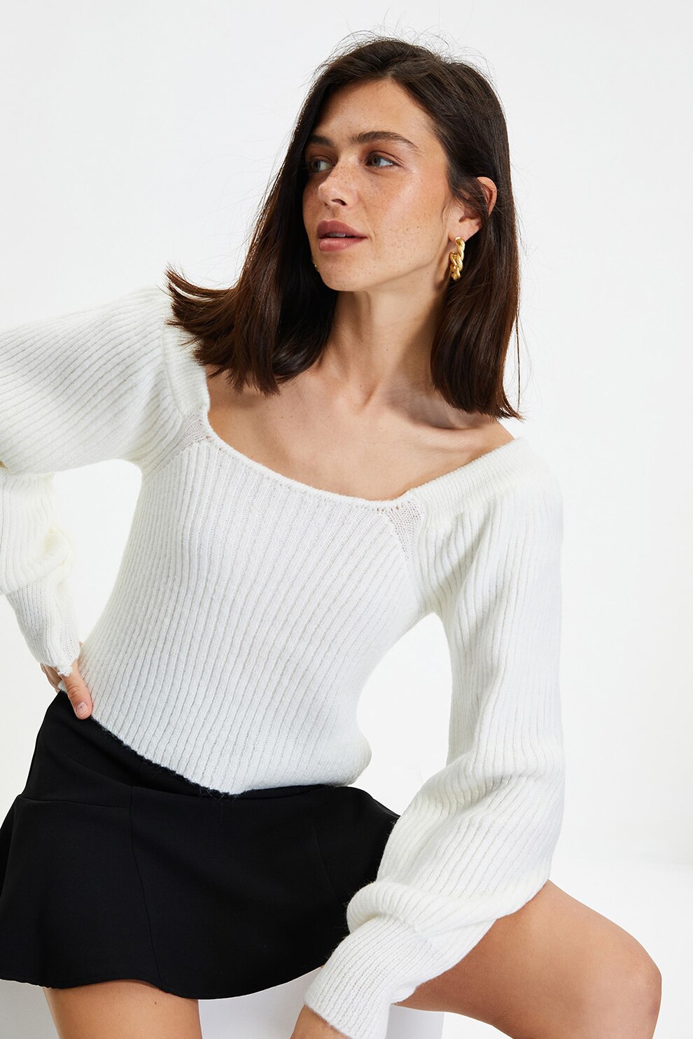 Trendyol, Pulover crop cu decolteu patrat, Alb