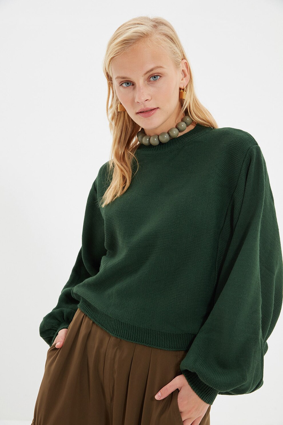 Trendyol, Pulover cu maneci balon, Verde englez