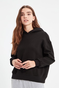 Trendyol, Hanorac din bumbac cu mansete striate, Negru Trendyol, Hanorac din bumbac cu mansete striate, Negru