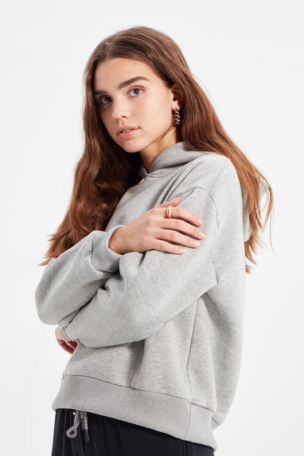 Trendyol, Hanorac din bumbac cu mansete striate, Gri