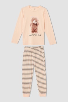 DeFacto, Pijama lunga cu imprimeu grafic, Piersica DeFacto, Pijama lunga cu imprimeu grafic, Piersica