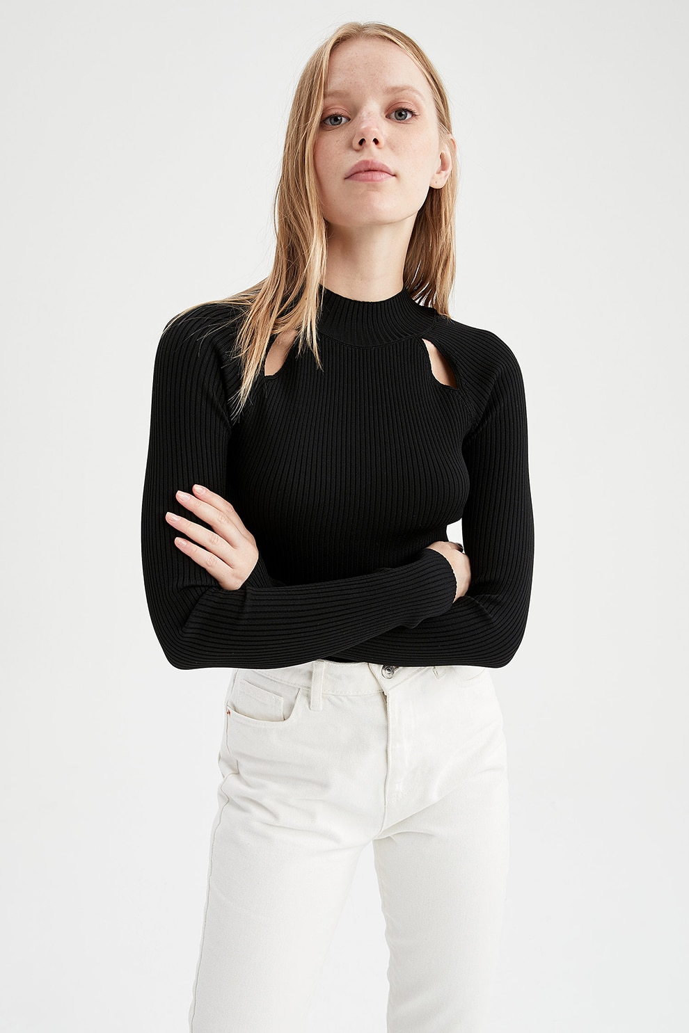 DeFacto, Pulover striat cu decolteu la baza gatului, Negru