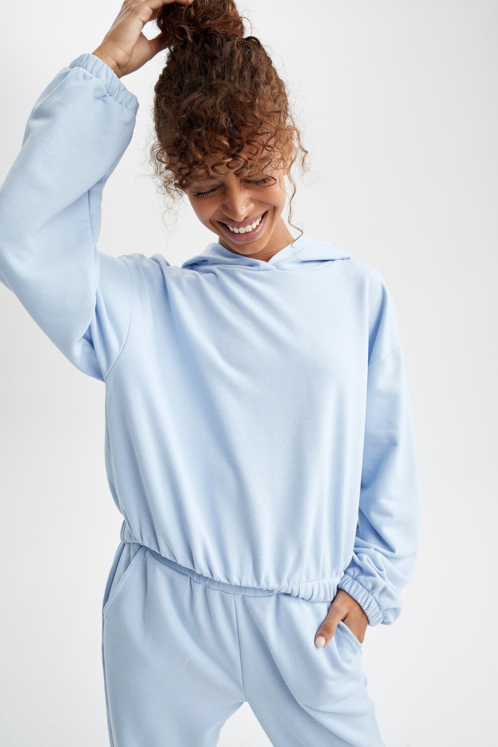 DeFacto, Hanorac crop cu terminatie elastica, Albastru pastel