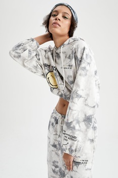 DeFacto, Hanorac crop cu model tie-dye, Alb/Gri DeFacto, Hanorac crop cu model tie-dye, Alb/Gri