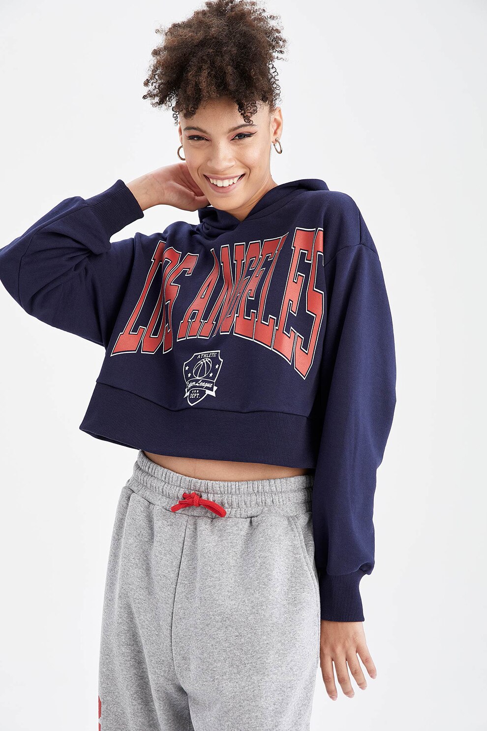 DeFacto, Hanorac crop supradimensionat cu imprimeu College, Bleumarin/Oranj