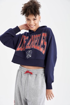 DeFacto, Hanorac crop supradimensionat cu imprimeu College, Bleumarin/Oranj DeFacto, Hanorac crop supradimensionat cu imprimeu College, Bleumarin/Oranj