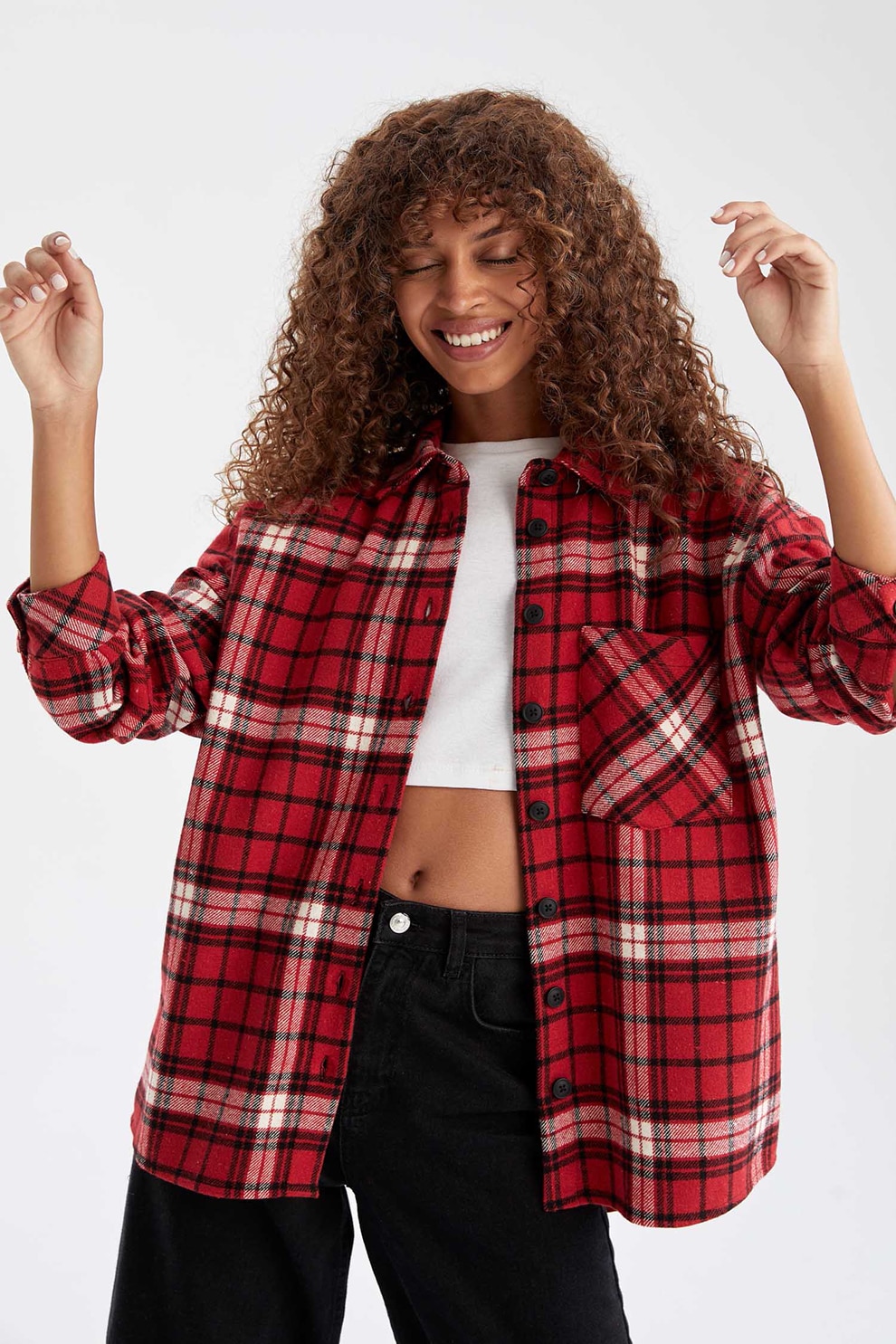 DeFacto, Camasa supradimensionata cu imprimeu in carouri, Rosu/Negru/Alb