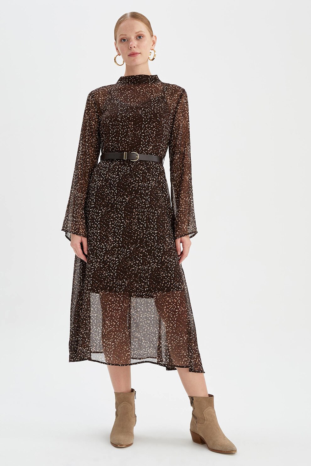 DeFacto, Rochie midi cu o curea de piele ecoogica, Maro inchis