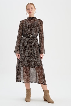 DeFacto, Rochie midi cu o curea de piele ecoogica, Maro inchis DeFacto, Rochie midi cu o curea de piele ecoogica, Maro inchis