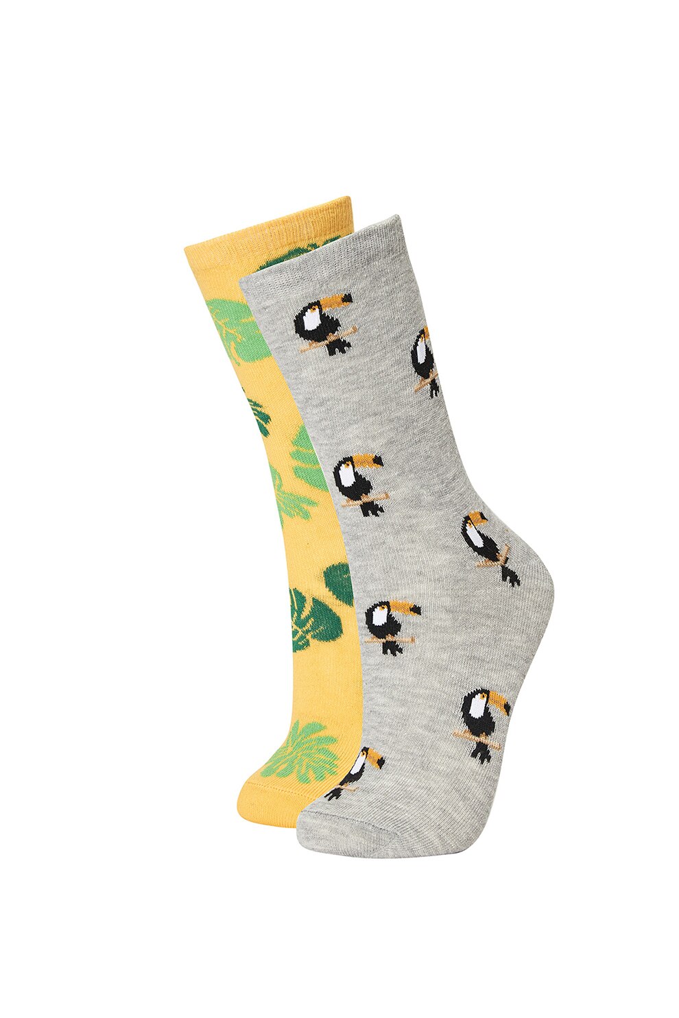 DeFacto, Set de sosete lungi cu model - 2 perechi, Gri melange/Galben, One Size