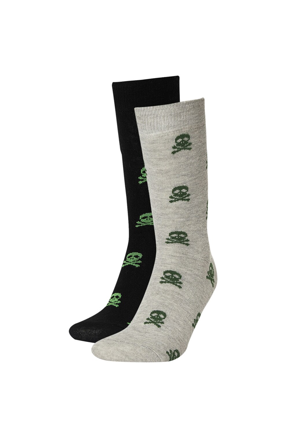 DeFacto, Set de sosete lungi cu imprimeu - 2 perechi, Negru/Gri melange/Verde, One Size