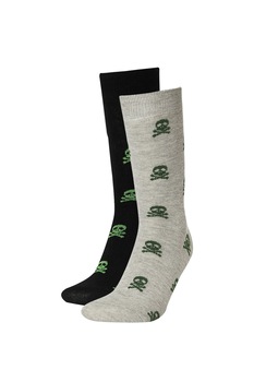 DeFacto, Set de sosete lungi cu imprimeu - 2 perechi, Negru/Gri melange/Verde, One Size DeFacto, Set de sosete lungi cu imprimeu - 2 perechi, Negru/Gri melange/Verde, One Size