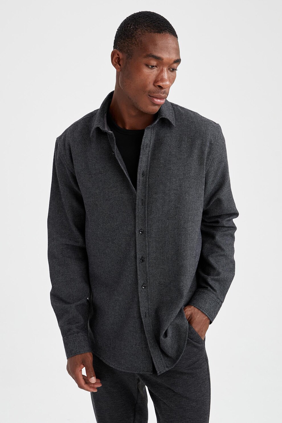 DeFacto, Camasa din flanel cu guler clasic, Bleumarin inchis