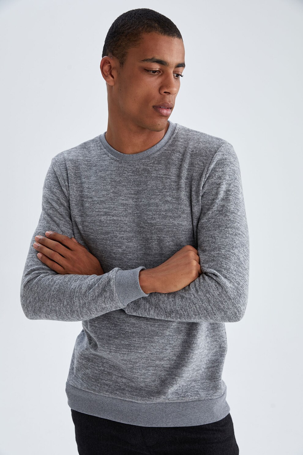 DeFacto, Bluza sport cu decolteu la baza gatului si terminatii contrastante, Gri melange