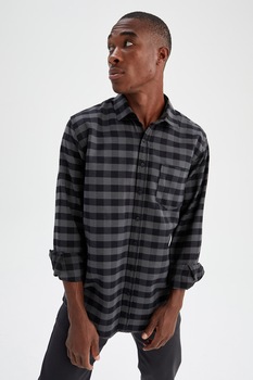 DeFacto, Camasa in carouri cu buzunar pe piept, Negru/Gri DeFacto, Camasa in carouri cu buzunar pe piept, Negru/Gri