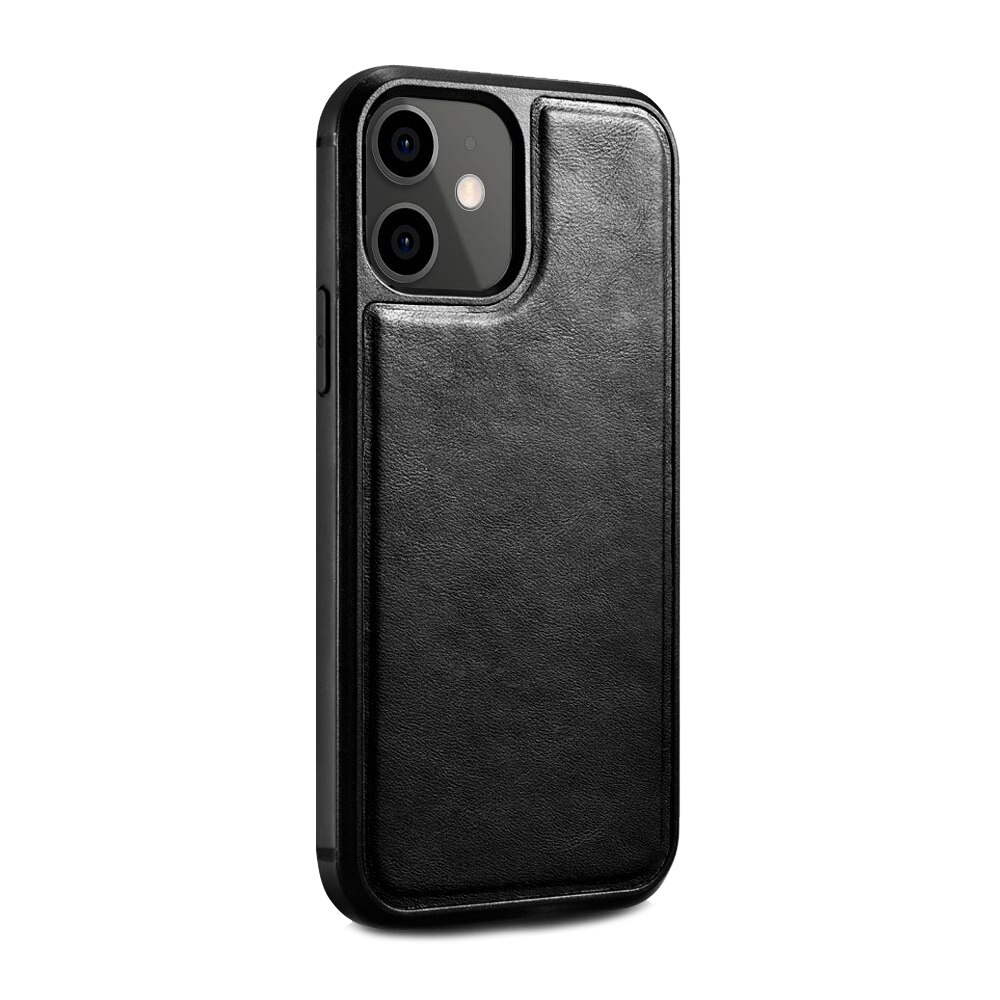 Husa pentru iPhone 12 Mini, iCarer Oil Wax, slim din piele naturala, rotectie completa rama, back cover, culoare Negru