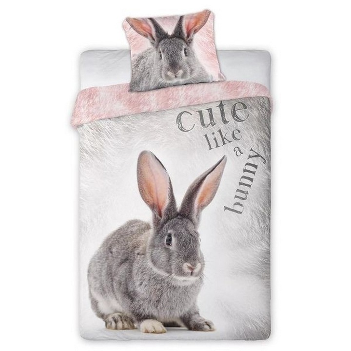 Set lenjerie de pat Faro, model Iepure, bumbac, 140x200 cm, 1 husa pilota si 1 husa perna