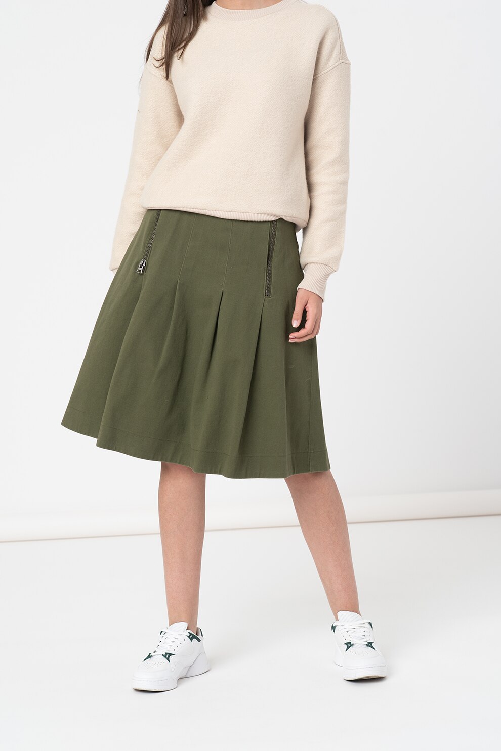 United Colors of Benetton, Fusta midi cu pliuri in lateral, Verde militar