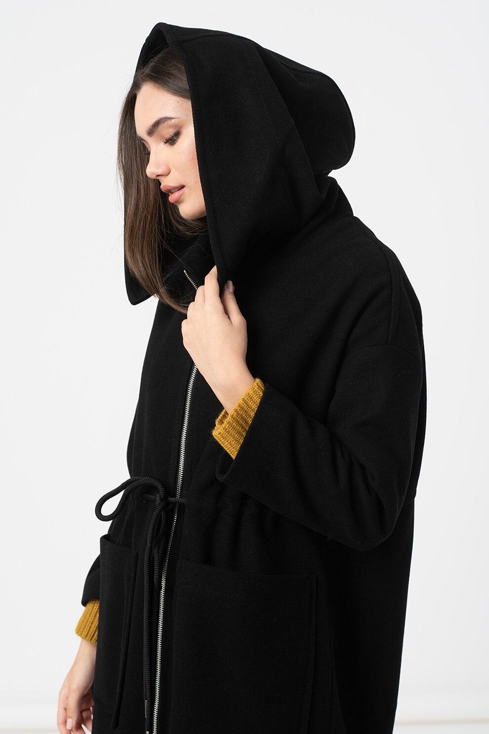 United Colors of Benetton, Palton relaxed fit din amestec de lana, Negru