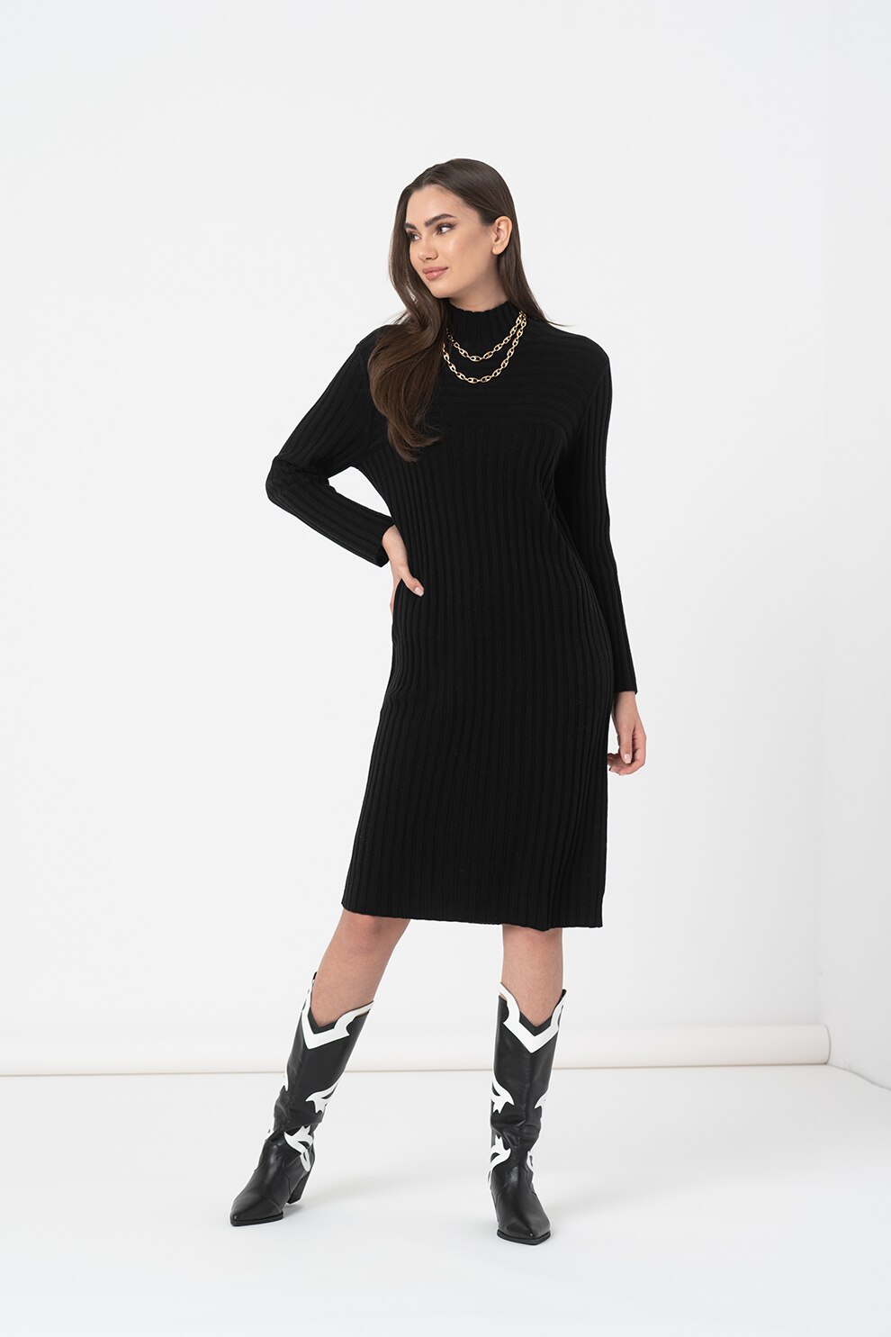 United Colors of Benetton, Rochie midi lejera din amestec de lana, Negru
