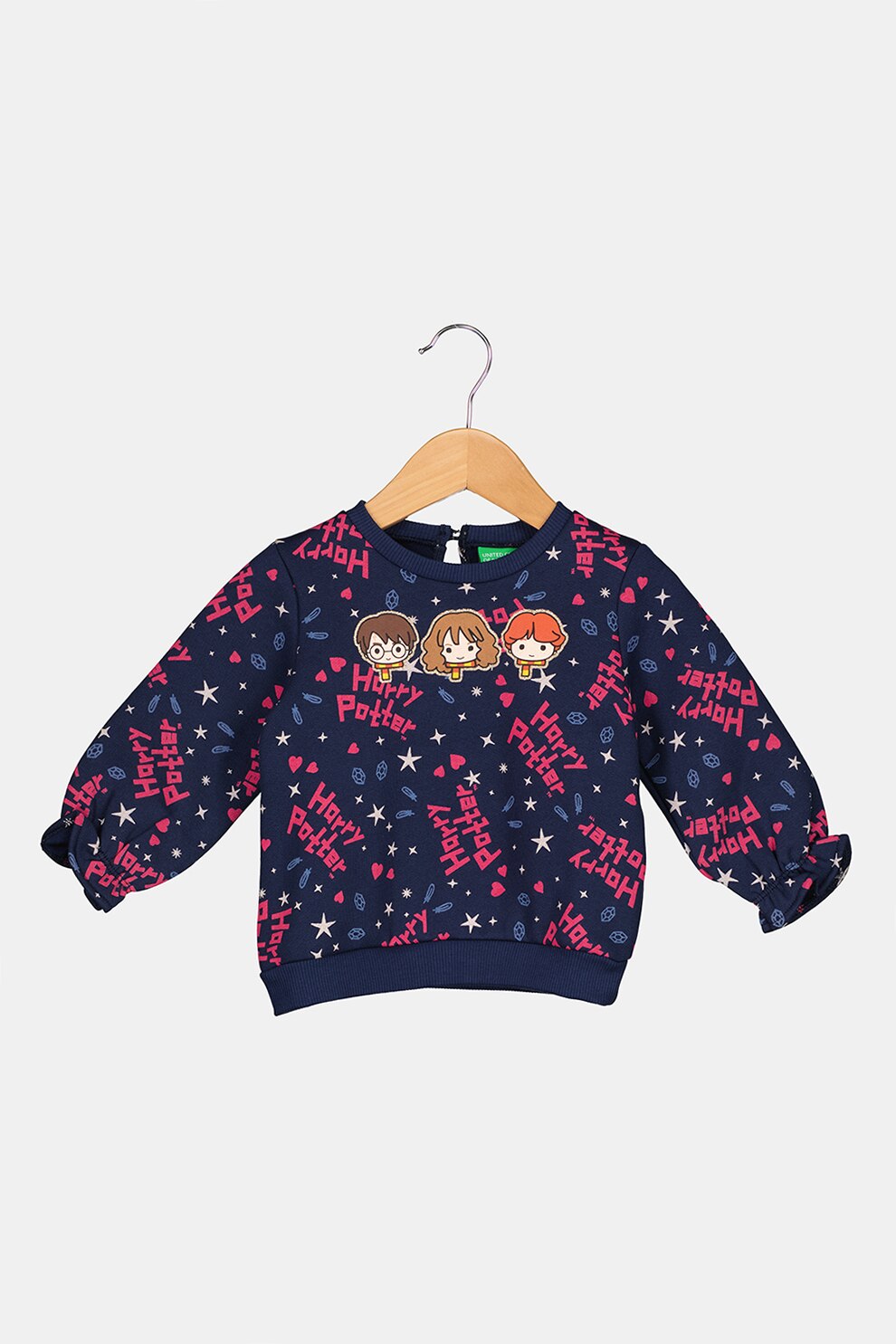 United Colors of Benetton, Bluza sport cu model grafic si terminatii striate, Bleumarin/Roz