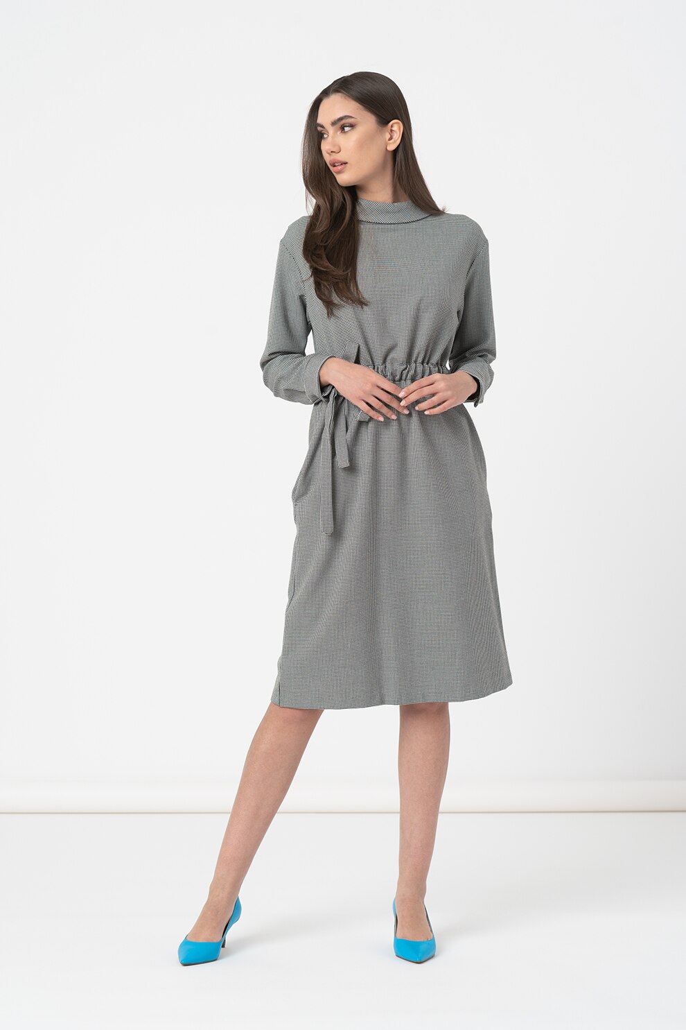 United Colors of Benetton, Rochie midi cu snur in talie, Negru/Alb