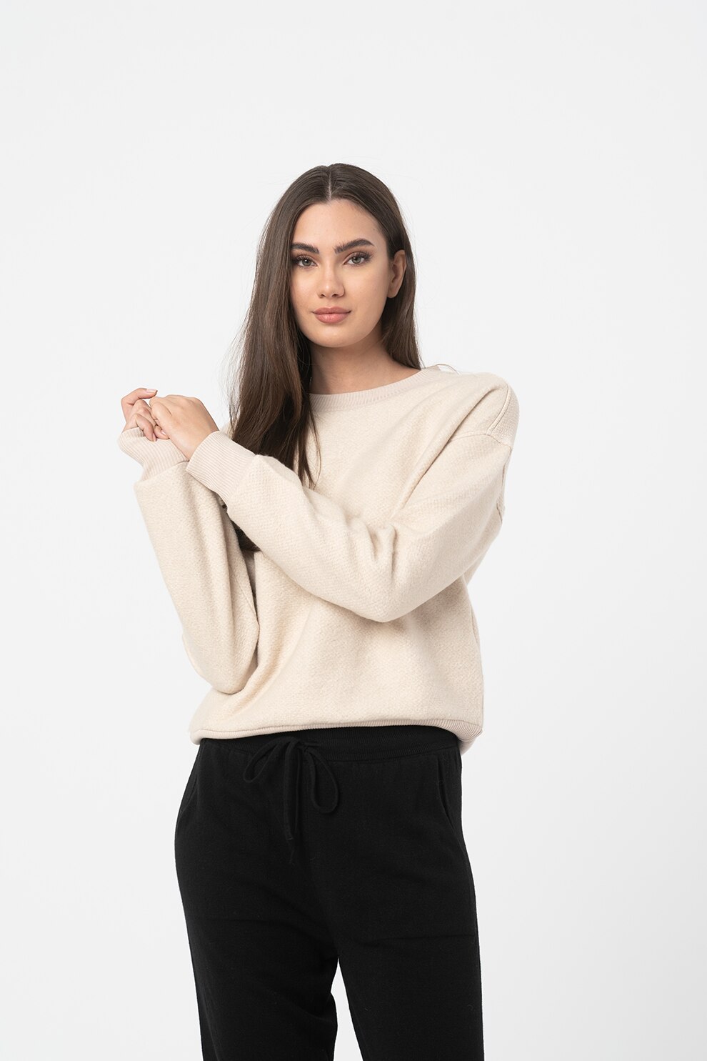 United Colors of Benetton, Bluza sport cu decolteu la baza gatului si maneci cazute, Alb fildes