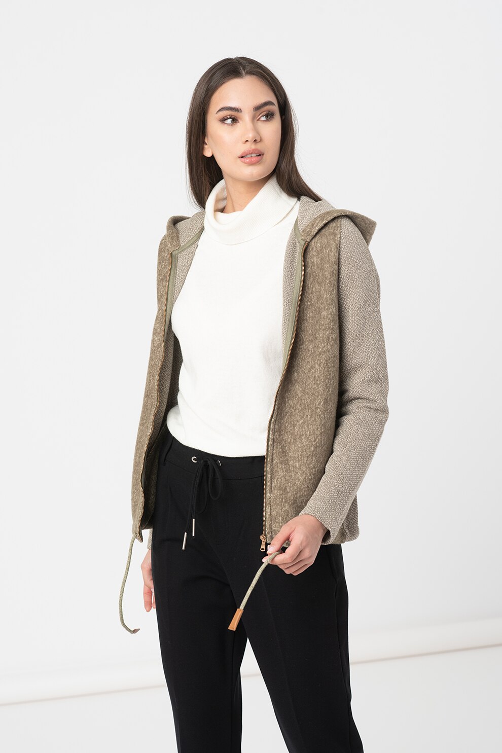 United Colors of Benetton, Hanorac din amestec de bumbac cu fermoar, Verde sparanghel