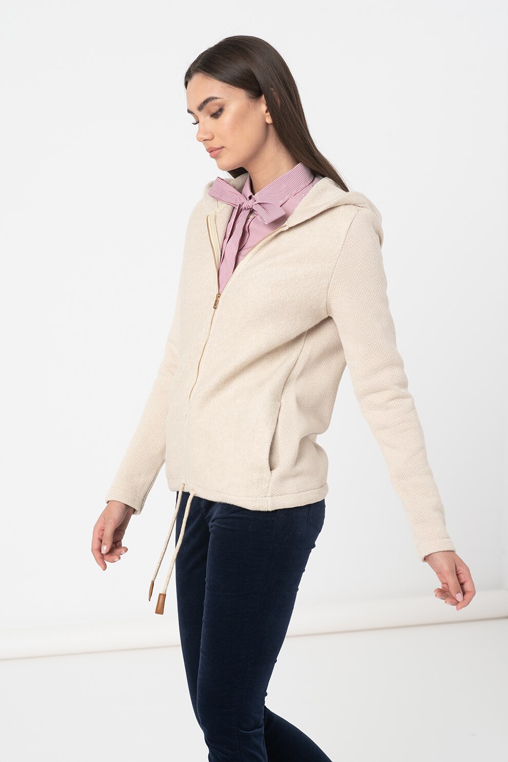 United Colors of Benetton, Hanorac din amestec de bumbac cu fermoar, Bej