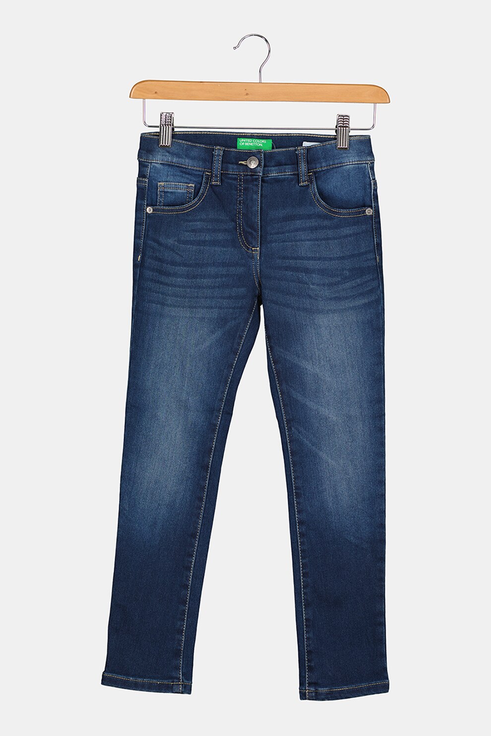 United Colors of Benetton, Blugi slim fit cu aspect decolorat, Albastru, 160 CM