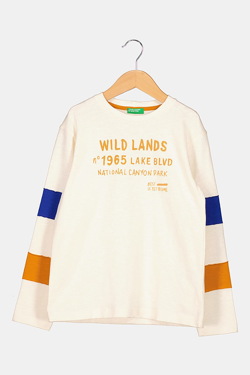 United Colors of Benetton, Bluza cu decolteu la baza gatului si imprimeu text, Crem/Albastru