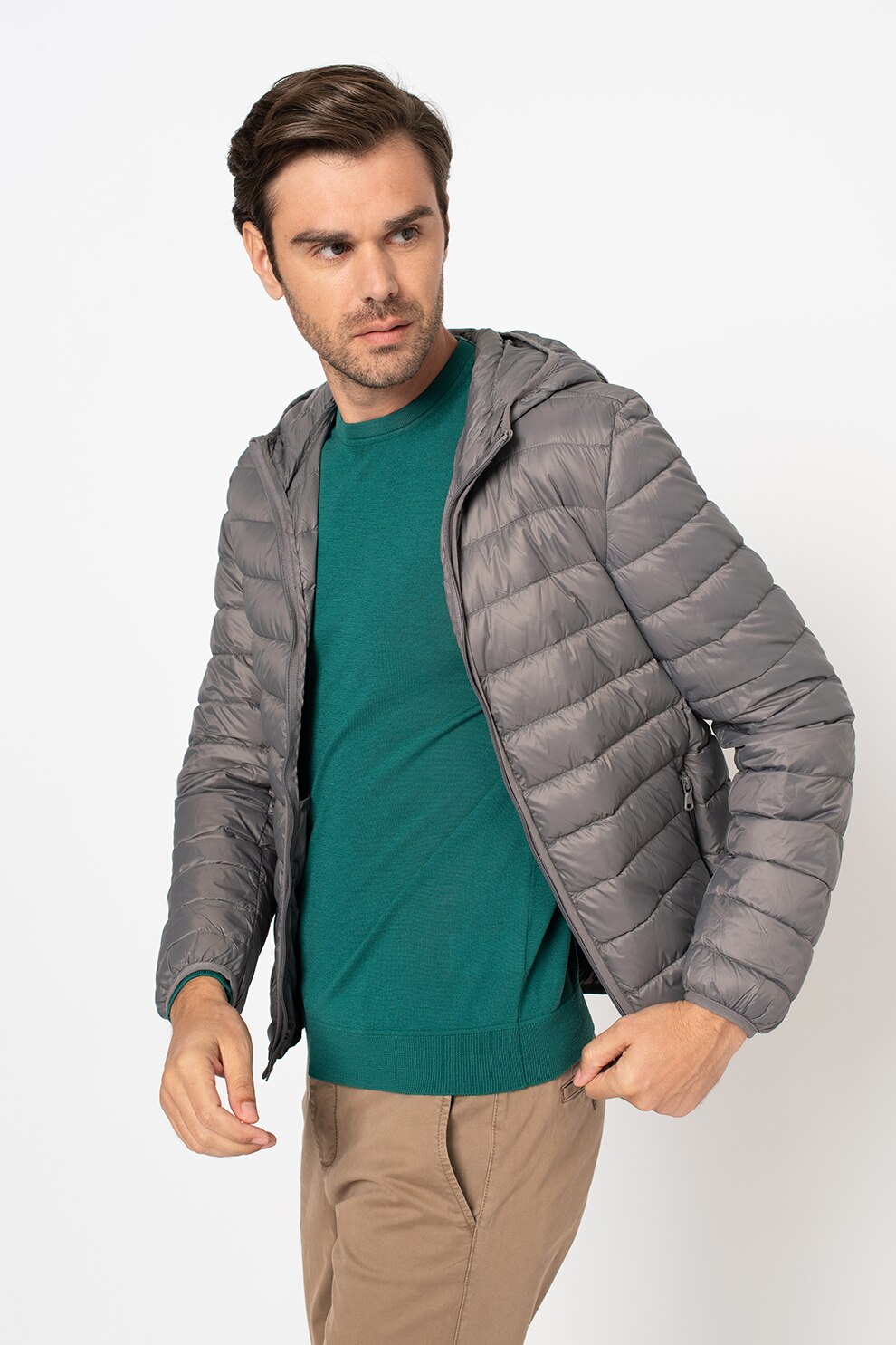 United Colors of Benetton, Geaca slim fit cu umplutura de puf, Gri