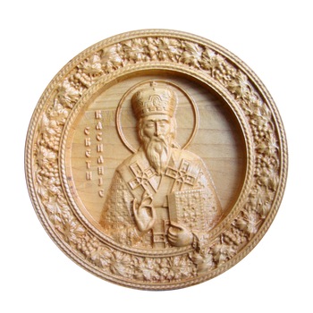 Icoana sculptata Sf Vasile cel Mare, Arhiepiscopul Capacociei, lemn masiv, diametru 19.5 cm Icoana sculptata Sf Vasile cel Mare, Arhiepiscopul Capacociei, lemn masiv, diametru 19.5 cm