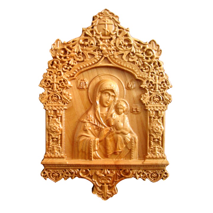 Icoana sculptata Maica Domnului cu Pruncul Iisus, lemn masiv, 26x18 cm