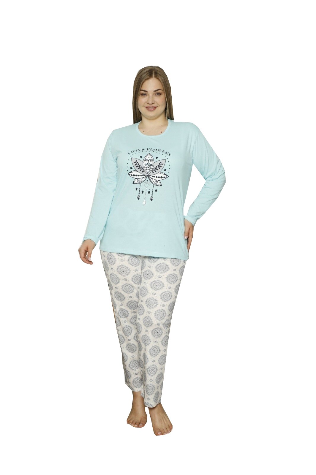 Pijama dama big size, bluza cu maneca lunga pantaloni lungi, Albastru deschis