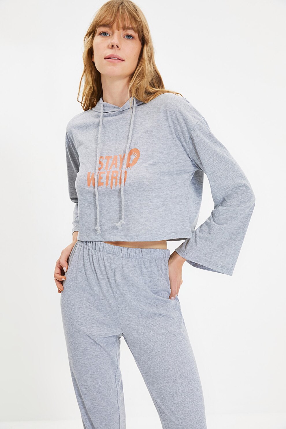 Trendyol, Pijama cu gluga ajustabila, Gri melange/Oranj