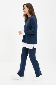 Trendyol, Set de bluza cu aspect 2 in 1 si pantaloni sport, Bleumarin