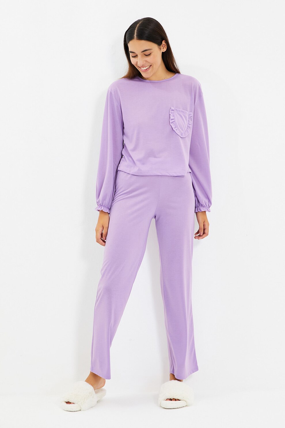 Trendyol, Pijama cu pantaloni lungi si buzunar pe piept, Lila