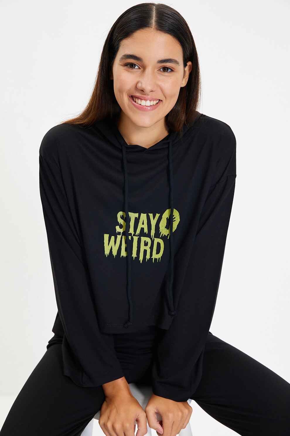 Trendyol, Pijama cu gluga ajustabila, Negru