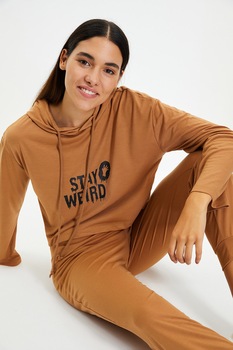 Trendyol, Pijama cu gluga ajustabila, Maro camel