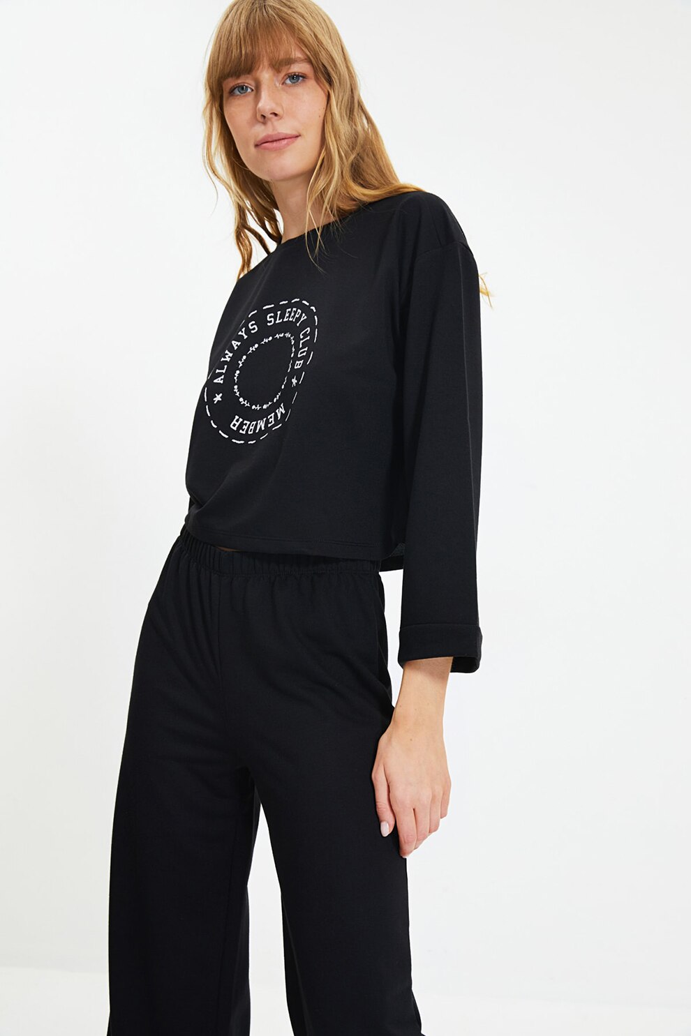 Trendyol, Pijama cu bluza cu imprimeu, Negru