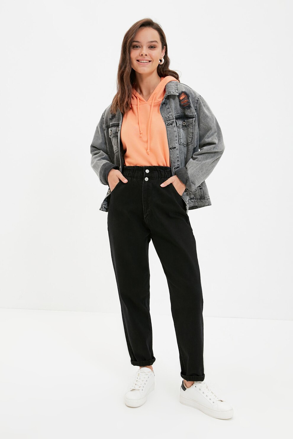 Trendyol, Blugi mom-fit cu talie inalta, Negru