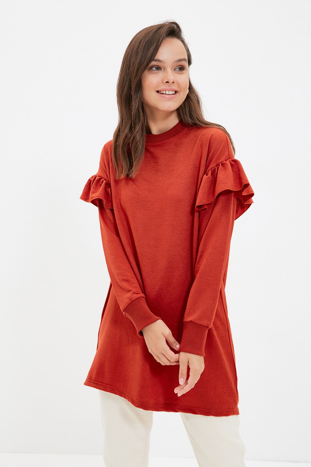 Trendyol, Bluza sport lunga cu volane pe maneci, Rosu caramiziu
