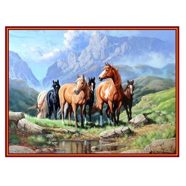Комплект за рисуване по номера, Картина с дървена рамка, Свобода на коня, 40 х 50 см