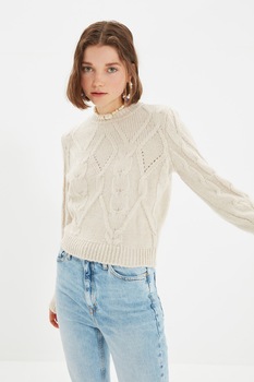 Trendyol, Pulover cu decolteu la baza gatului si model torsade, Maro nisip Trendyol, Pulover cu decolteu la baza gatului si model torsade, Maro nisip