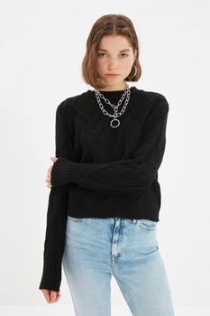 Trendyol, Pulover cu decolteu la baza gatului si model torsade, Negru Trendyol, Pulover cu decolteu la baza gatului si model torsade, Negru