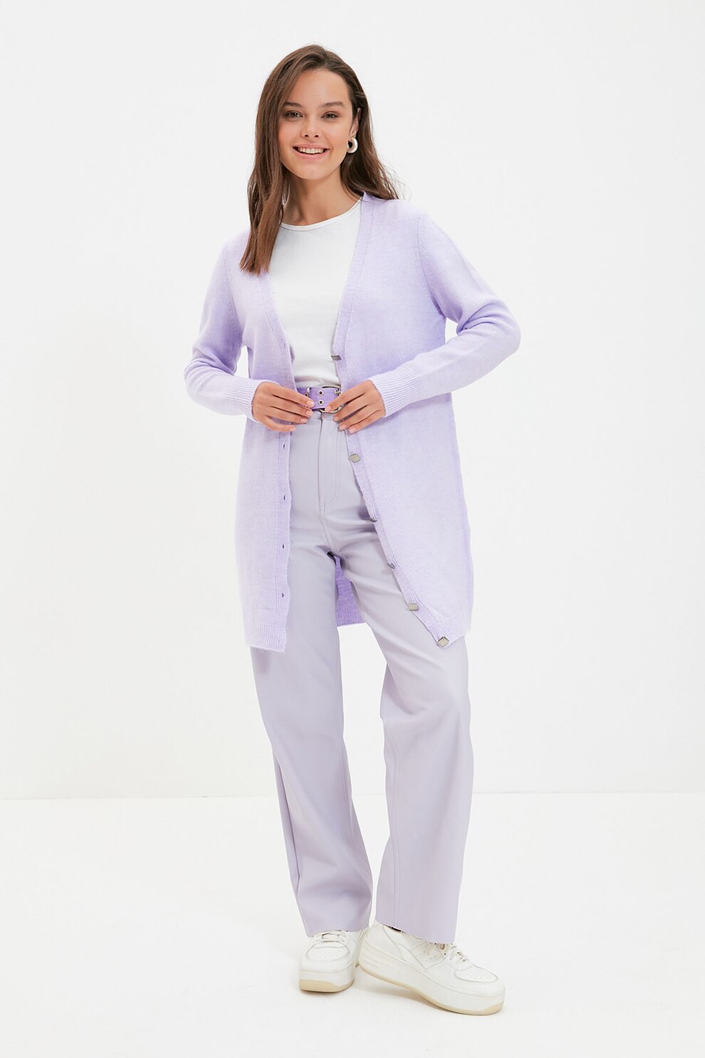 Trendyol, Cardigan lung cu nasturi, Lila